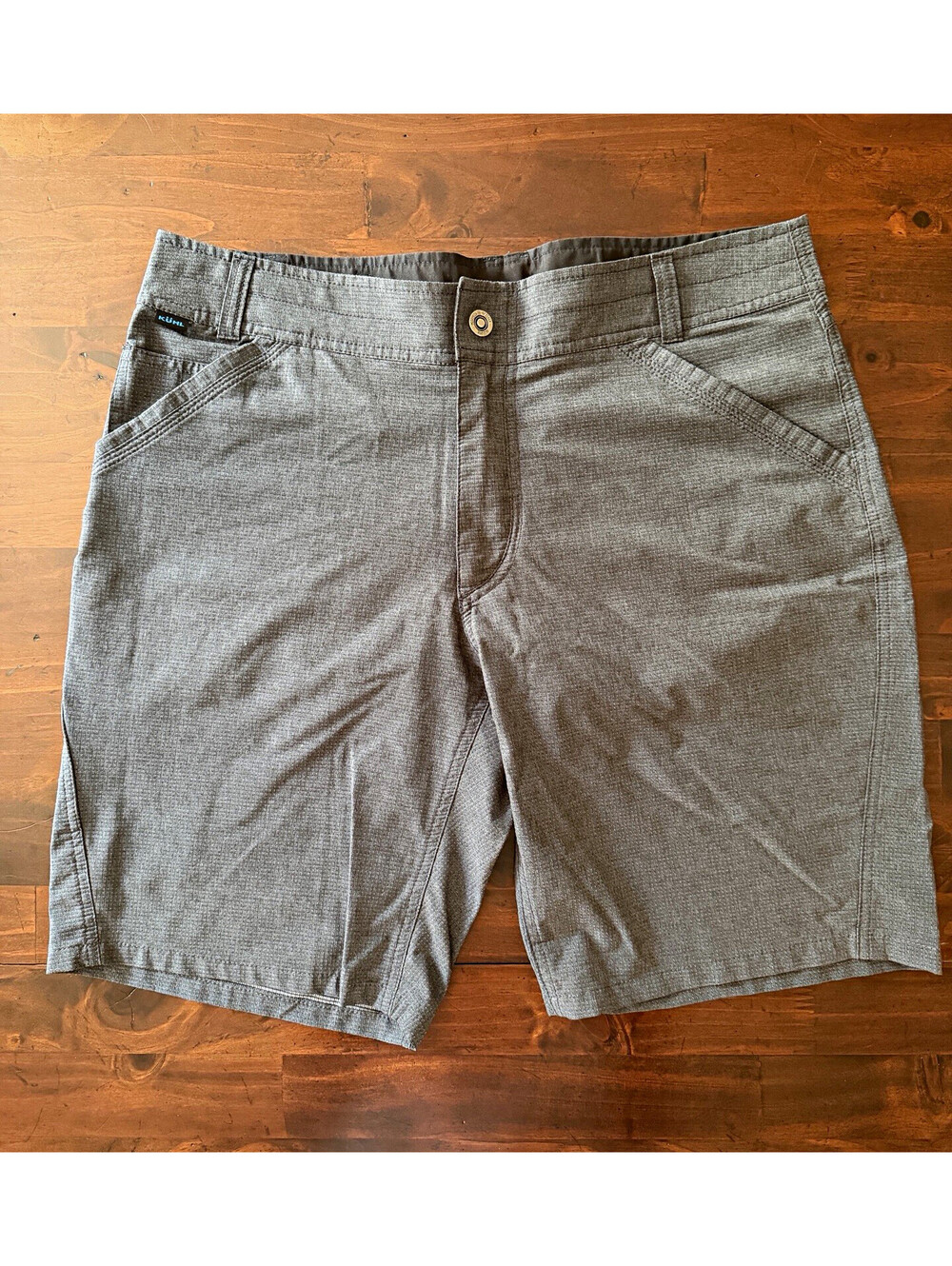 Kuhl Mens Charcol Flat Front Shorts Button Closure Logo Accent 36” 9”